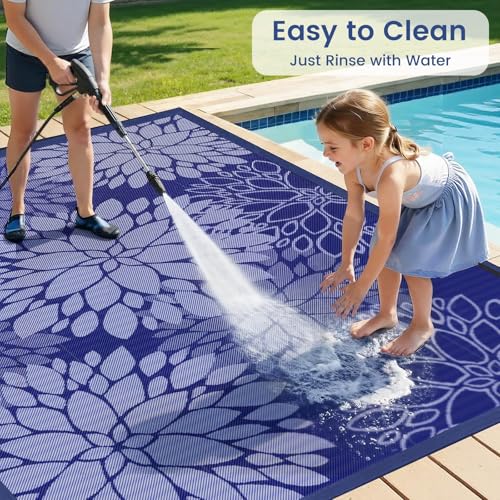Mattitude Outdoor Rug 6' x 9' Waterproof, Reversible Portable Plastic Straw Area Rugs, Patio Carpet for RV Camping, Porch, Deck, Backyard, Camper, Pool, Picnic, Blue & White - size: 6' x 9' (Rectangular)
