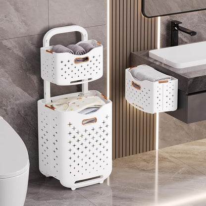 Collapsible Laundry Basket Organizer, 2-Tier Foldable Laundry Sorter with Wheels & Wall Mount, Space-Saving Slim Laundry Hamper with Removable Bins, 80L Capacity for Bathroom, Dorm & Small Spaces - size: 2-Tier