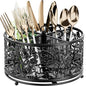 YIUKEA 360° Rotating Utensil Caddy - Silverware Cutlery Caddy Holder with 4 Compartment, Metal Flatware Organizer Countertop with Handle for Party Camping Picnic, Kitchen Counter, Office (Black) - color: Black