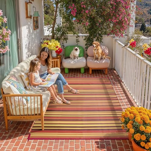 Outdoor Plastic Straw Rug Waterproof Patio 4x6 Red Orange Stripe Mat for Porch Camping RV Balcony Deck Courtyard Reversible Lightweight Durable Portable Carpet - color: Red/Orange, size: 4' x 6' (Rectangular)