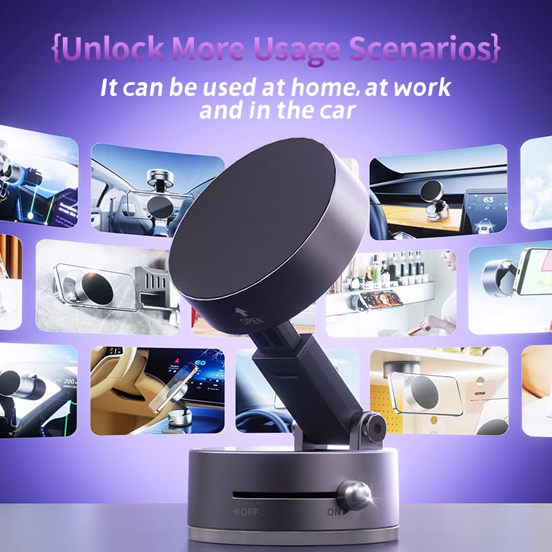 Magnetic Car Phone Holder Mount, Vacuum Suction Cup Phone Mount for Dashboard Windshield, 360 Rotatable MagSafe Car Mount for iPhone, Hands-Free GPS Navigation for Drivers, Office Desk