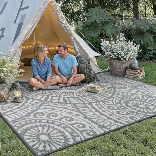 HUGEAR 8x10 Outdoor Boho Rug Grey Patio Waterproof Rug Home Decor Reversible Plastic Straw Rugs Outside Indoor Floor Mat for Camping Balcony RV Deck Porch Pool Backyard - color: Boho/Grey, size: 8' x 10' (Rectangular)