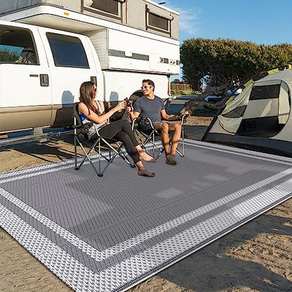 HappyTrends Outdoor Rug Reversible Portable Plastic Straw Camping Rugs for Outside RV,Large Waterproof Outdoor Area Rugs for Patio,Deck,Porch,Balcony(8'x 10',White&Gray) - size: 8' x 10' (Rectangular)