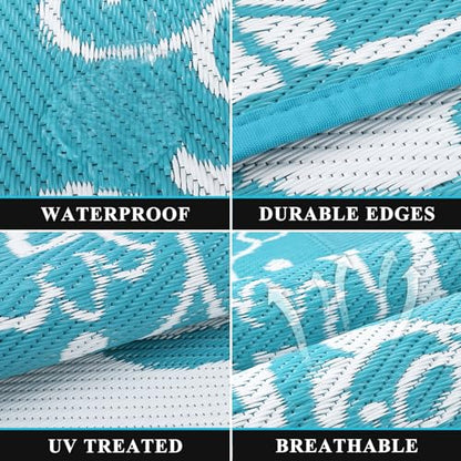 Pauwer Reversible Outdoor Rug, 6'x9', Waterproof Polypropylene Patio Mat, RV, Balcony, Deck, Beach, Picnic - color: Boho Teal, size: 6' x 9' (Rectangular)