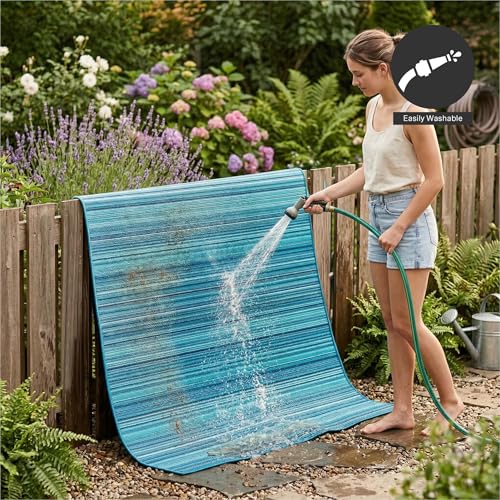 FH Home Outdoor Rug - Waterproof, Fade Resistant, Reversible - Premium Recycled Plastic - Striped - Large Patio, Deck, Sunroom, Camping, RV - Havana - Turquoise Crease Free - 6 x 9 ft - color: Havana - Turquoise, size: 6' x 9' (Rectangular)