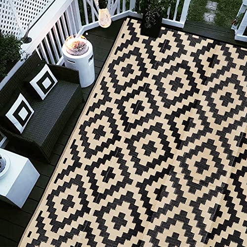 SAND MINE Waterproof Outdoor Rug 9x12 ft, Plastic Reversible Rug, Modern Area Rug, Large Floor Mat for Outdoors, RV, Patio, Backyard, Deck, Picnic, Beach, Camping - color: Black & Beige, size: 9' x 12'
