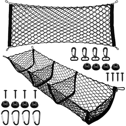 Tallew 2 Pcs Car Rear Cargo Net, Adjustable Elastic Mesh Cargo Net, 3 Pocket Heavy Duty Trunk Bed Storage Organizer, Universal for Car SUV Vehicle Pickup Truck with Accessories(43.3 x 15.7 Inches)
