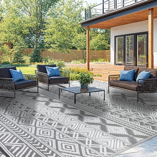 Waterproof Outdoor Rug 6x9 ft, Reversible Plastic Straw Patio Camping Rugs, Outdoor Indoor RV Mat Carpet for Patio, Outside Entry, Backyard, Deck, Bench, Picnic, Camper(6x9,Gray&White) - color: Gray&white, size: 6' x 9' (Rectangular)