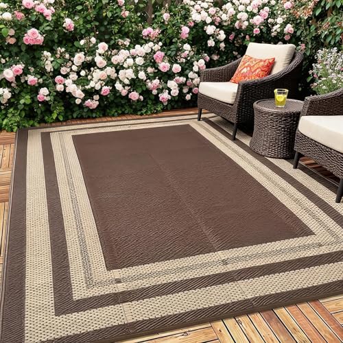 Patio Modern Border Outdoor Rug 10x14 Waterproof Large Reversible Camping Mat Foldable Lightweight Plastic Straw Outdoor Rug for Deck, Picnic, Porch, Camper, Balcony, Beach, Rv，Brown - color: Border3 - Brown, size: 10' x 14' (Rectangular)