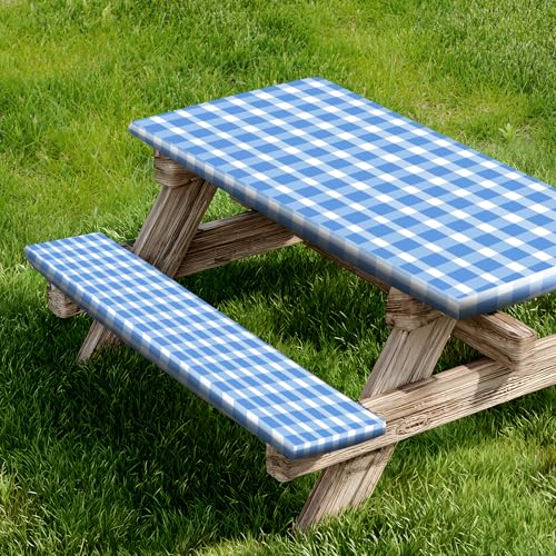Picnic Table Cover with Bench Covers, Wind Resistance, Water and Oil Proof, Strong Resistance to Fading, for Outdoor and Camping, 72"x 28" Table, 3 Pieces Set, Come with Reusable Plastic Bag - color: Blue & White, size: 72 Inches