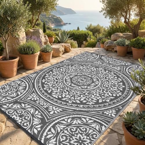 Waterproof Plastic Straw Outdoor Rug 9x18 Patio Reversible UV Resistant Foldable Camping Carpet Boho Floral Large Outdoor Rugs for Deck, Picnic, Porch, Camper, Balcony, Beach，Grey/White - color: Boho - Grey/White, size: 9' x 18' (Rectangular)