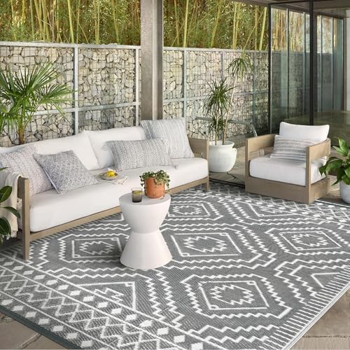 Wonnitar Outdoor Rugs 8x10 Waterproof Plastic Straw Rug, Large Outdoor Camping Rug for RV, Reversible Portable Outside Lightweight Area Rug for Backyard Balcony Beach Picnic, Grey - color: Grey, size: 8' x 10' (Rectangular)