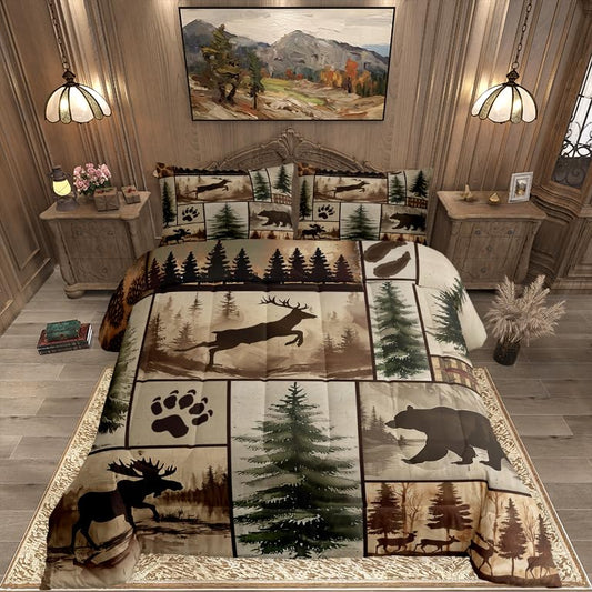 Feelyou Western Rustic Bear Deer Comforter Set Full Size, Country Farmhouse Duvet Insert, Rustic Cabin Bedding Set,Elk Forest Animal Wildlife Hunting Patchwork Lodge Quilt, 2 Pillow Shams - color: Brown Green, size: Full