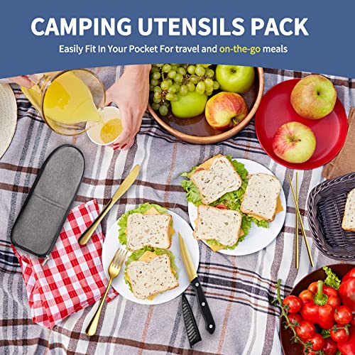 Logcow Travel Utensils with Case,Reusable Utensils,Portable Travel Camping Cutlery Set,Stainless Steel Flatware Set,Lunch Boxes Workplace Camping School Picnic (Gold) - color: Gold