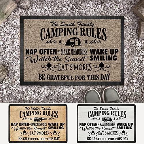 Personalized Camping Rules Welcome Doormat - Custom Family Name and RV Door Mat, Accessories for Inside Outside, Funny Campsite Decorations Travel Trailers Style 02, 16 x 24 inches - color: Style 11