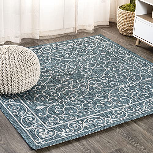 JONATHAN Y Vintage Filigree Indoor Outdoor Square Area Rug 5X5 Teal/Gray, Charleston Textured Weave for Backyard, Patio, Porch, Easy-Cleaning, High Traffic, Pet-Friendly, Non-Shedding (SMB106F-5SQ) - color: Teal/Gray, size: 5'3" x 5'3" (Square)