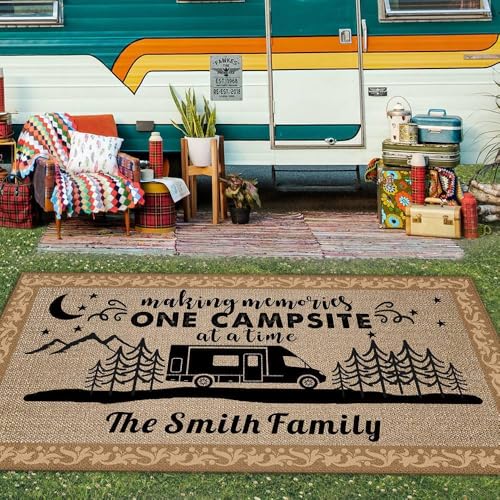 Custom Camping Rugs Making Memories One Campsite at a Time RV Trailer Decor Personalized Camper Floor Mat for Outdoors, Picnic, Beach, Camping, Patio, Backyard, 70 x 108 Inch, 20 RV Optional - color: One Campsite at a Time 1, size: 5'10" x 9' (Rectangular