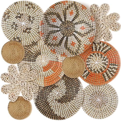 11 Pcs Boho Hanging Wall Basket Decor Handmade Woven Basket Wall Decorative Boho Wicker Baskets Placemats Round Farmhouse Bulrush Art for Rustic Home Decorations Christmas Gift(Cute) - style: Cute