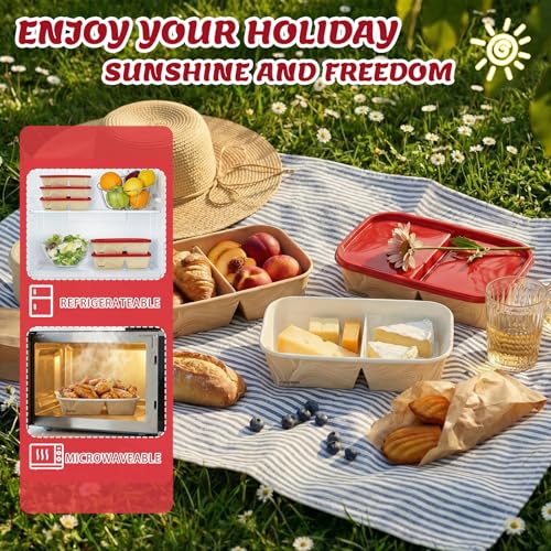 8 Pack 32oz Paper Lunch Box Bento Boxes, 2-Compartment Food Storage Containers with Lids, Leakproof Soak-Proof and Microwave Safe, Disposable To Go Boxes for Picnics, Offices, Catering, Red Lid - color: Red