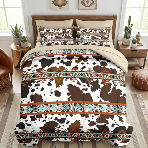 WeCozy 5 Pcs Twin Size Comforter Set with Pillowcase & Sham, Cow Print Brown Cowhide Bedding for Kids and Adults, Vintage Retro Bed in a Bag with Flat Fitted Sheet - color: Cowhide, size: Twin