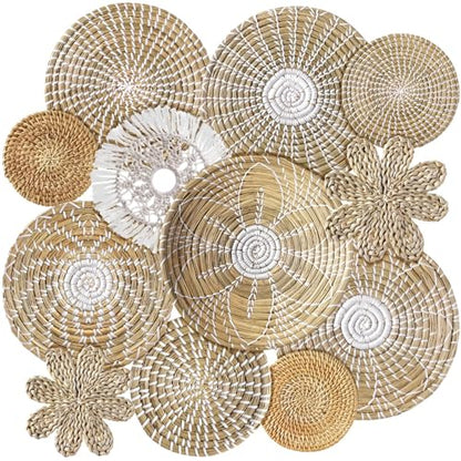 11 Pcs Boho Hanging Wall Basket Decor Handmade Woven Basket Wall Decorative Boho Wicker Baskets Placemats Round Farmhouse Bulrush Art for Rustic Home Decorations Christmas Gift(Fresh) - style: Fresh