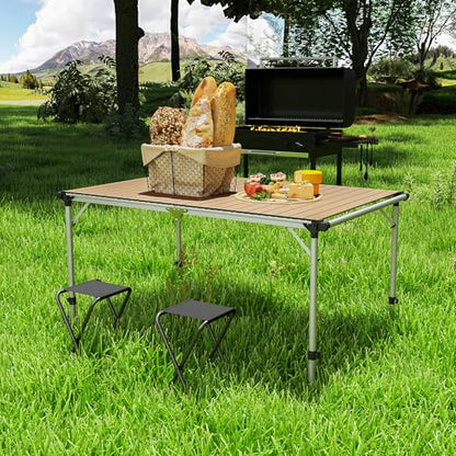Outsunny Folding Camping Table, Adjustable Height Aluminum Table, Portable Camping Table for Picnic, Beach, BBQ, Light Brown