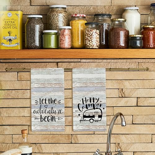Rustic Camping Kitchen Towels Set of 2, Happy Camper Dish Towels, Hand Towels for RV, Decor and Gifts for Women, 16x24 Inch