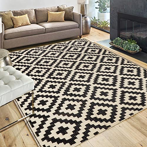 SAND MINE Reversible Mats, Plastic Straw Rug, Modern Area Rug, Large Floor Mat and Rug for Outdoors, RV, Patio, Deck, Beach, Camping (Black & Beige Lattice, 4' x 6', -3% to 5% Size Variance) - color: Black & Beige, size: 4' x 6'