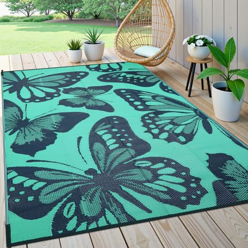 Uphome Outdoor Rug Waterproof 8x10 ft, Patio Plastic Straw Rugs for RV Camping, Reversible Mat Outside, Indoor Outdoor Large Floor Carpet for Back Yard Deck Balcony Porch Beach Picnic, Teal - color: Teal, size: 8' x 10' (Rectangular)