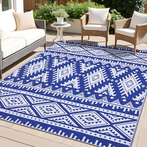 OLANLY Outdoor Rug Waterproof 5x8 ft, Reversible Outdoor Plastic Straw Rug, Boho Patio Rug, Indoor Outdoor Carpet, RV Mat Outside for Patio, Camp, Picnic, Balcony, Deck, Backyard, Blue & White - color: Blue & White, size: 5' X 8' (Rectangular)