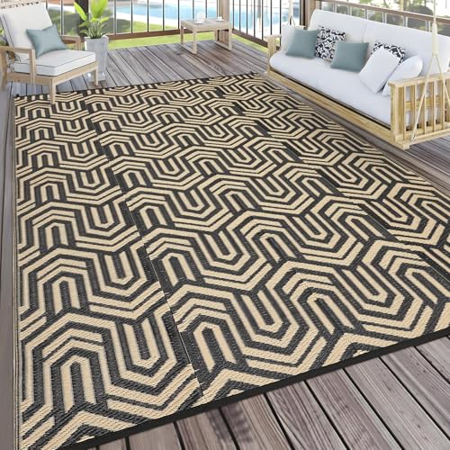 Waterproof Plastic Straw Outdoor Rug 9x18 Patio Reversible UV Resistant Foldable Camping Carpet Abstarct Line Large Outdoor Rugs for Deck, Picnic, Porch, Camper, Balcony, Beach，Black/Coffee - color: Abstarct - Black/Coffee, size: 9' x 18' (Rectangular)