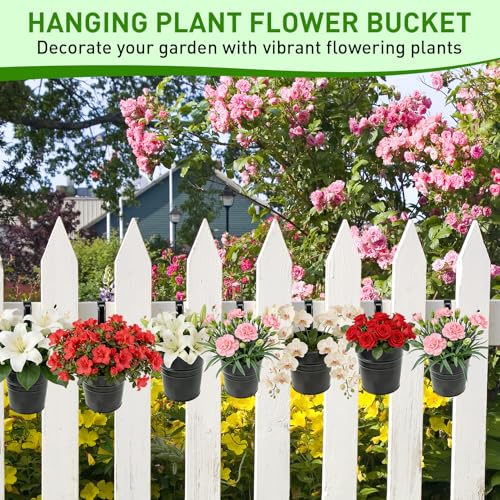 10 Pack Hanging Flower Pots Metal Iron Bucket Planter Railing Planter Flower Holder for Railing Fence Balcony Garden Home Decoration with Detachable Hooks,Black,4 Inches