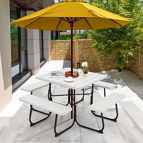 Tangkula 8 Person Picnic Table, Outdoor Square Picnic Table with 4 Built-in Benches, Umbrella Hole, Metal Frame & HDPE Tabletop, Outside Table and Bench Set for Backyard, 2300lbs Weight Capacity - color: White