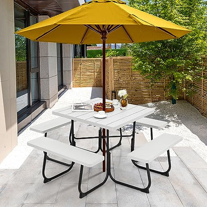 Tangkula 8 Person Picnic Table, Outdoor Square Picnic Table with 4 Built-in Benches, Umbrella Hole, Metal Frame & HDPE Tabletop, Outside Table and Bench Set for Backyard, 2300lbs Weight Capacity - color: White