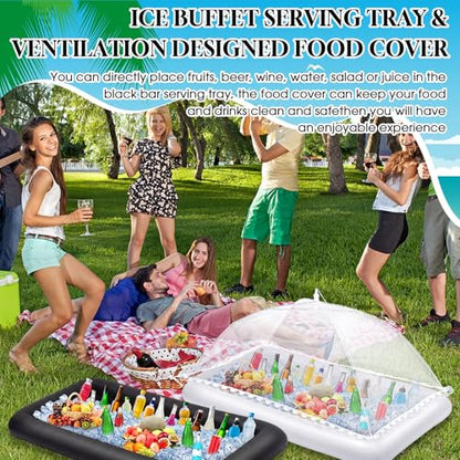 Leitee 5 Pcs Inflatable Serving Bar Kit Includes Salad Buffet Tray with Drain Plug Mesh Food Cover Food Drink Containers and Inflator for Ice Supplies Summer Party Camping Picnic(Black, White) - color: Black/White