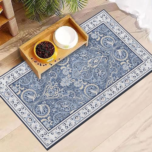 Blue Floral Pet Feeding Mat, Absorbent Dog/Cat Food Mat for Food and Water Bowl, Non-Slip Quick Dry Pet Placemat Floor Protector for Messy Drinkers(17 x 30 in) - color: Blue Floral, size: 17"L x 30"W