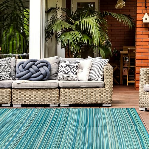 Rugshop Contemporary Stripe Reversible Foldable Waterproof Premium Recycled Plastic Outdoor Rugs for Patio,Backyard,RV,Deck,Picnic,Trailer,Beach,Camping Rug 6' X 9' Blue - size: 6' x 9' (Rectangular)