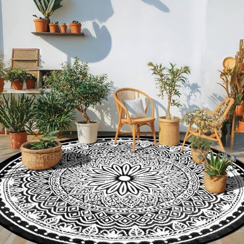 Round Outdoor Rug 8Ft for Patio Waterproof, Outdoor Reversible Mat, Portable RV Camping Mats, Lightweight Plastic Straw Rugs for Deck Porch Picnic Beach Garden Decor, Black/White - color: Black/White, size: 8' (Round)