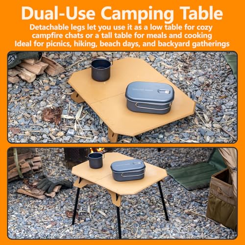 Foldable Camping Table, Portable Dual-Height Adjustable Aluminum Alloy Side Table (3.9"/15.7") with Storage Bag, Suitable for Outdoor Camping, Fishing, Picnics, BBQ, and Hiking (Khaki)