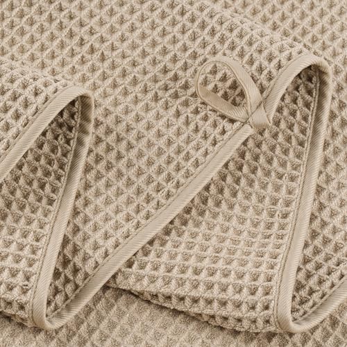 POLYTE 430 GSM Microfiber Quick Dry Lint Free Oversize Bath Towel Set, 6 Piece (Waffle Weave) - color: Beige