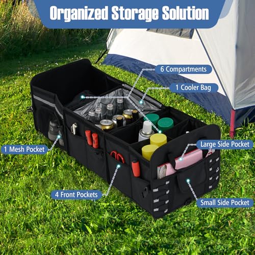 Goplus Collapsible Trunk Organizer with Cooler, 18 Gallon (68L) Foldable Car Storage Organizer with 6 Extenable Compartments, Removable Lid, Securing Straps, for SUV Van Sedan, 35.5" x 14" x 12" - size: 18 Gallon (68L) with Cooler