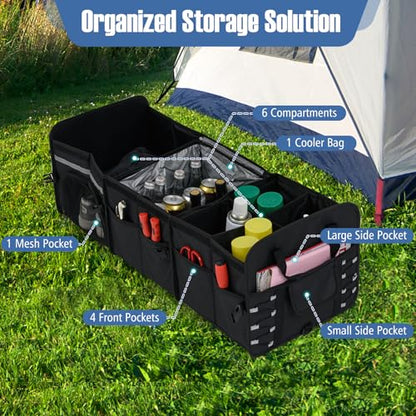 Goplus Collapsible Trunk Organizer with Cooler, 18 Gallon (68L) Foldable Car Storage Organizer with 6 Extenable Compartments, Removable Lid, Securing Straps, for SUV Van Sedan, 35.5" x 14" x 12" - size: 18 Gallon (68L) with Cooler