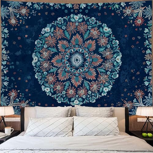 Fowocu Boho Floral Mandala Tapestry Wall Hanging Blue Bohemian Flower Medallion Tapestry Aesthetic Vintage Navy Hippie Indian Large Tapestries for Bedroom Living Room Dorm Decor 80 x 60 Inch - color: Navy Blue, size: 80"L x 60"W