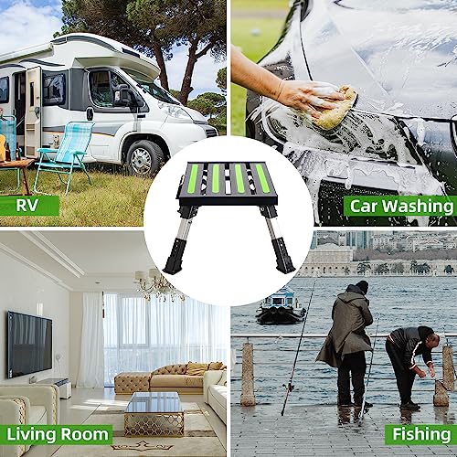 Homeon Wheels RV Step Stool, Adjustable Height Folding Aluminum Platform, Non-Slip Rubber Feet, Reflective Stripe, Handle, RV T Level, 1000 lbs, 16.5" x 12.2", for Trailer, Truck, Outdoor Use, Black - color: Black
