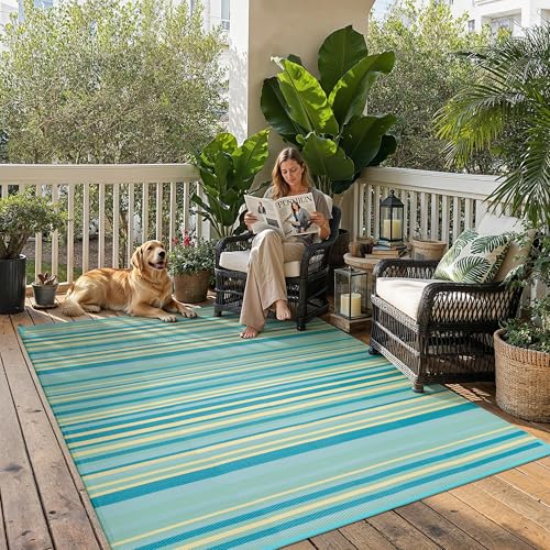 Outdoor Plastic Straw Rug Waterproof Patio 6x9 Teal Yellow Stripe Mat for Porch Camping RV Balcony Deck Courtyard Reversible Lightweight Durable Portable Carpet - color: Teal/Yellow, size: 6' x 9' (Rectangular)