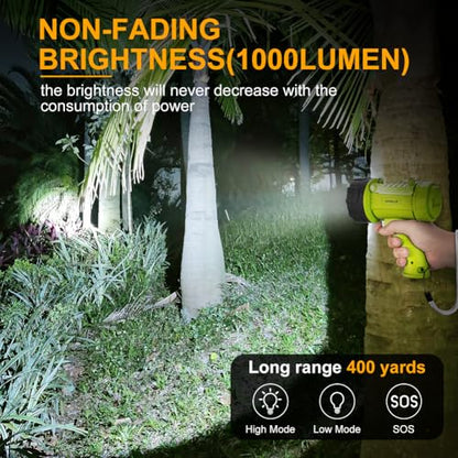 YIERBLUE Rechargeable Spotlight Flashlight with 2000,000 High Lumen LED, IP67 Waterproof Long Running Spot Light searchlight, Impact Resistant Handheld Spotlight with Foldable Stand and Red Lens - color: Fluorescent