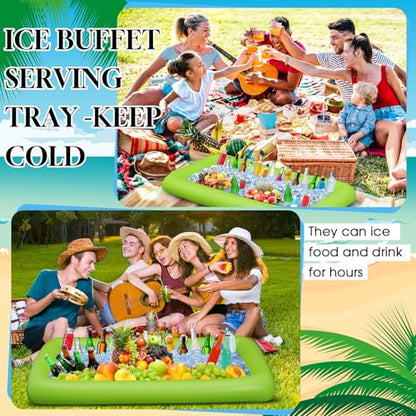 Leitee 5 Pcs Inflatable Serving Bar Kit Includes Salad Buffet Tray with Drain Plug Mesh Food Cover Food Drink Containers and Inflator for Ice Supplies Summer Party Camping Picnic(Green) - color: Green