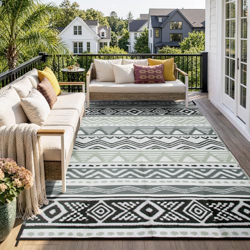 Lahome Outdoor Rug 8x10 Patio Waterproof, Reversible Outdoor Plastic Straw Rug for Camping, RV Patio Rugs Outside Large Carpet for Porch Deck Backyard Picnic(Grey/Black,8'x 10') - color: Black/Grey, size: 8'x10'