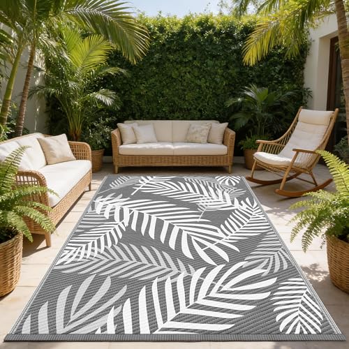 Kohree Outdoor Rug Waterproof 8x10, Reversible Outdoor Plastic Straw Rug with Leaf Pattern, Easy-Cleaning RV Mat Carpet for for Patio, Camping, Balcony, Deck, Backyard, Grey & White - color: Grey & White(leaf), size: 8' x 10' (Rectangular)
