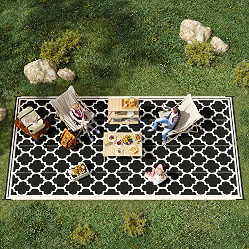 Outsunny Reversible Outdoor Rug, 9' x 18' Waterproof Plastic Straw Floor Mat, Portable RV Camping Carpet, Large Floor Mat for Deck, Backyard, Picnic, Beach, Black & Beige - color: Black, Beige, size: 8'11" x 17'11" (Rectangular)